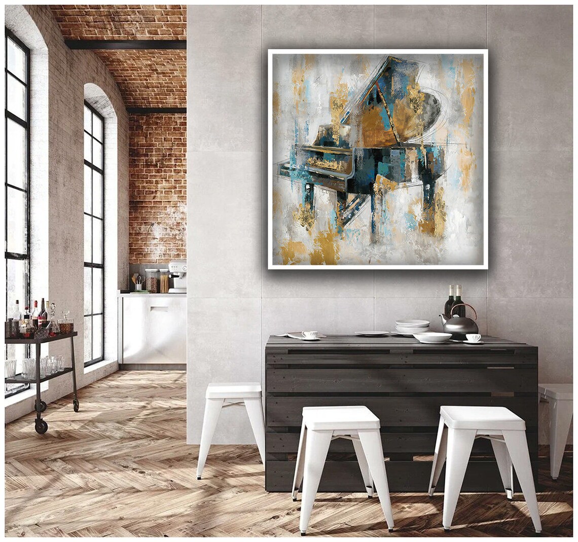 Abstract Grand Piano Blue Gold Brushstrokes Music Room Elegant Wall Art Poster - Image 4