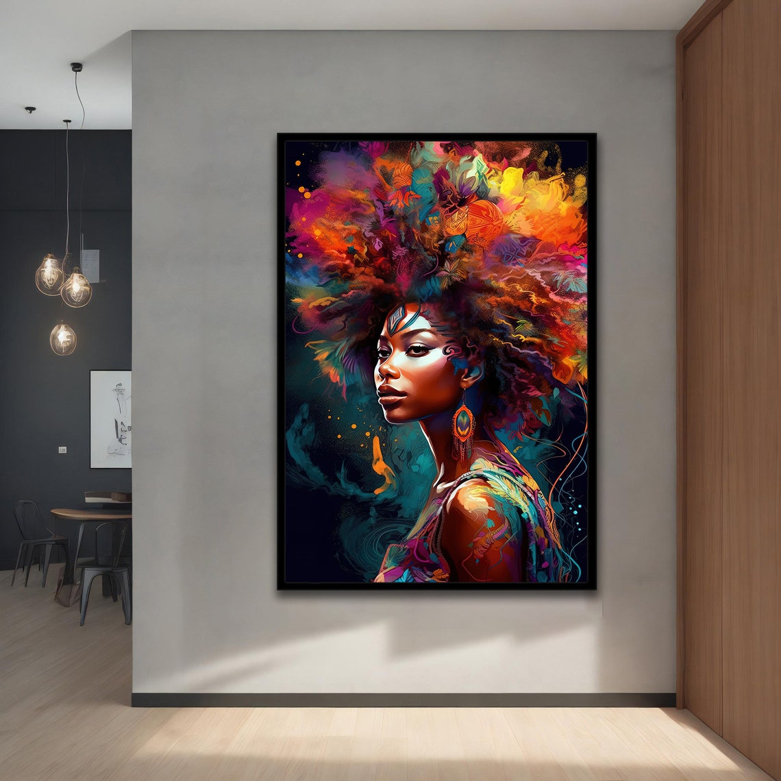 African Woman Exploding Colorful Afro Hair Teal Background Poster - Image 4