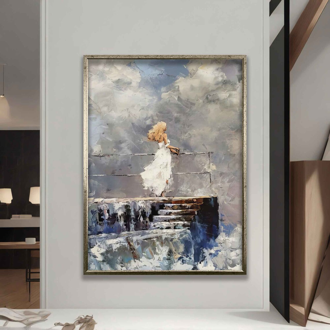 Lonely Woman in White Dress Watching the Sea Moody Pier Art Poster - Image 5