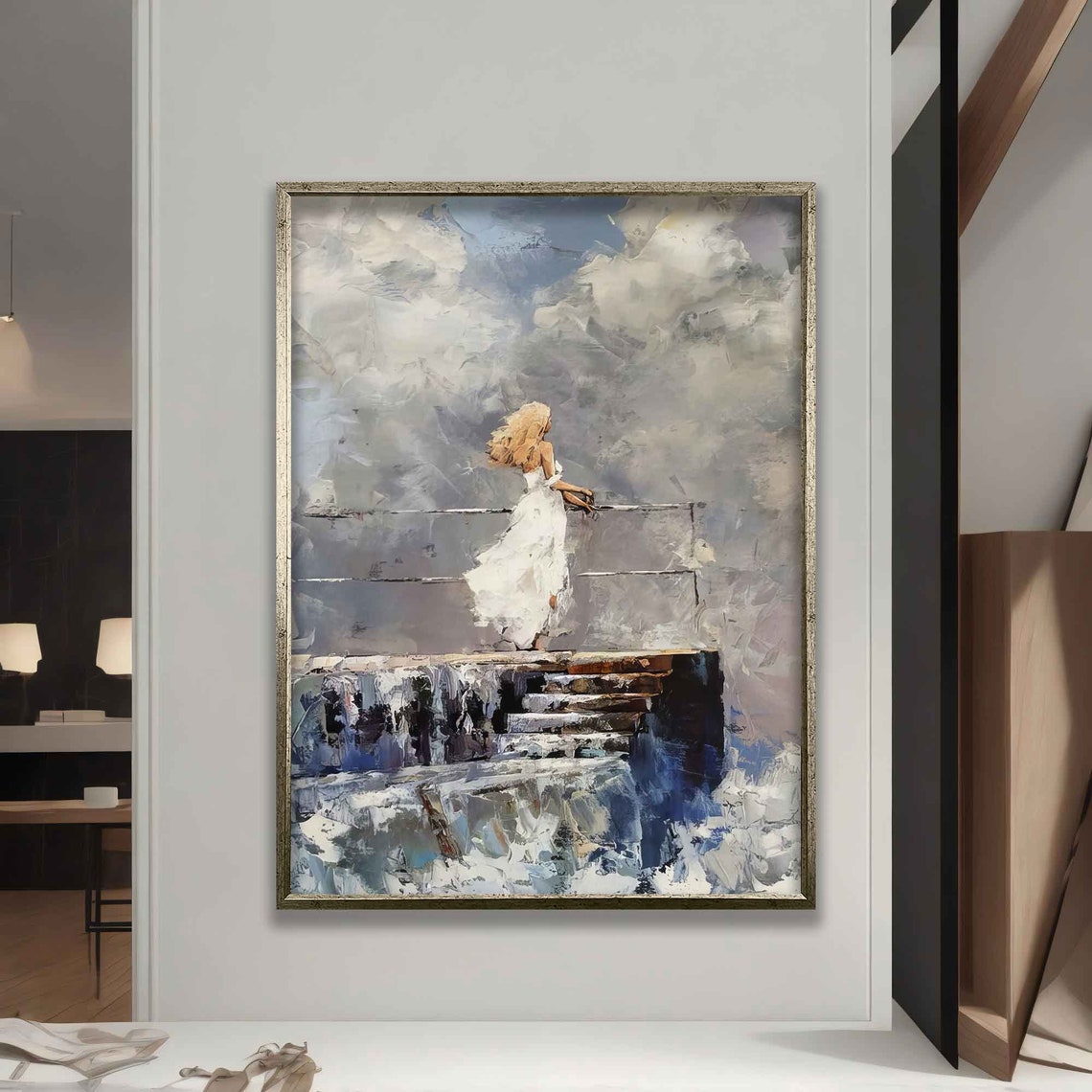 Woman Snat Watching The Sea Lonely Woman Print Woman In The Sea In White Dress Poster - Image 5