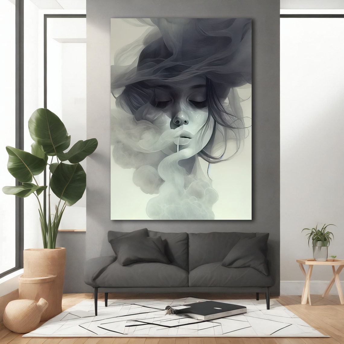Woman Face Dissolving in Smoke Dreamy Black White Art Wall Poster - Image 3