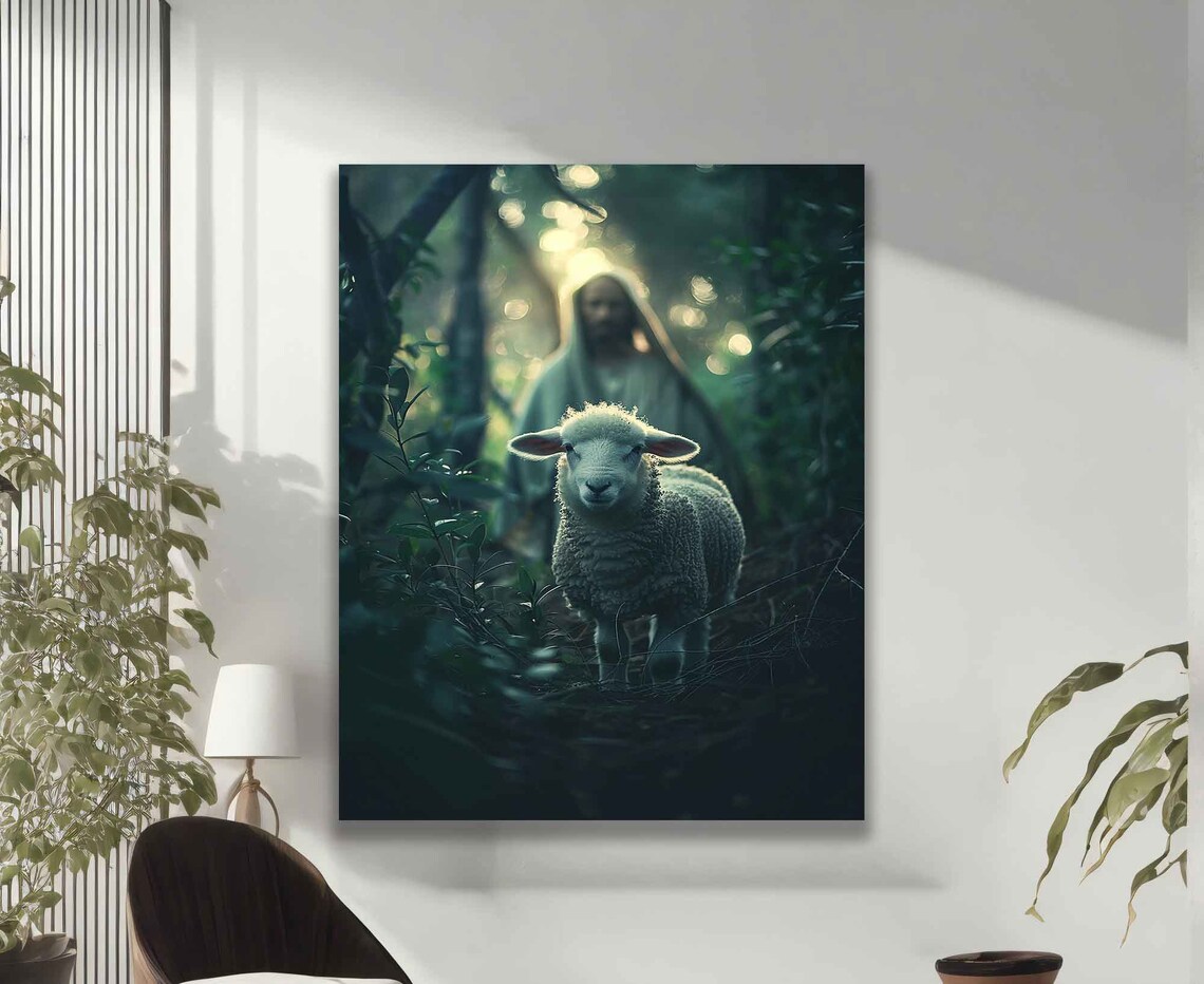 Jesus Lost Lamb Forest Light Beams Religious Christian Faith Art Poster - Image 2