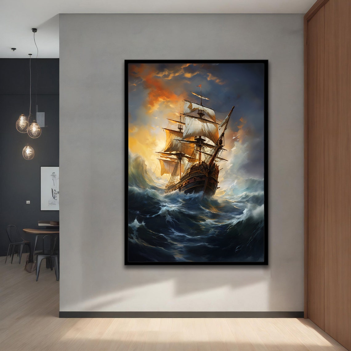 Tall Ship Stormy Golden Clouds Rolling Waves Dramatic Ocean Poster - Image 4
