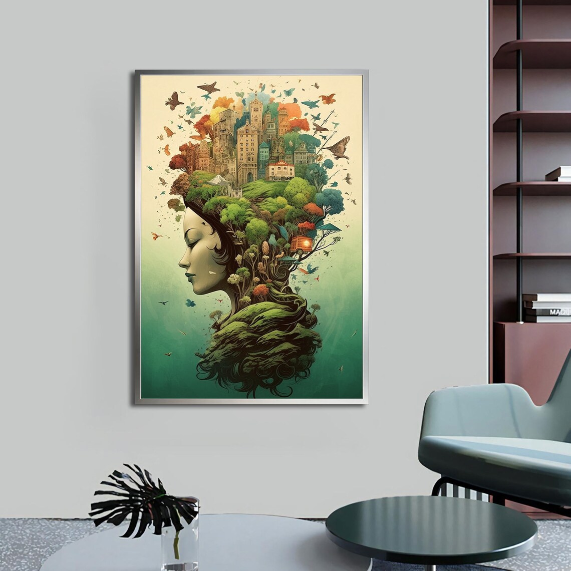 Surreal Woman Profile Cityscape Hair Trees Birds Dream Art Poster - Image 4