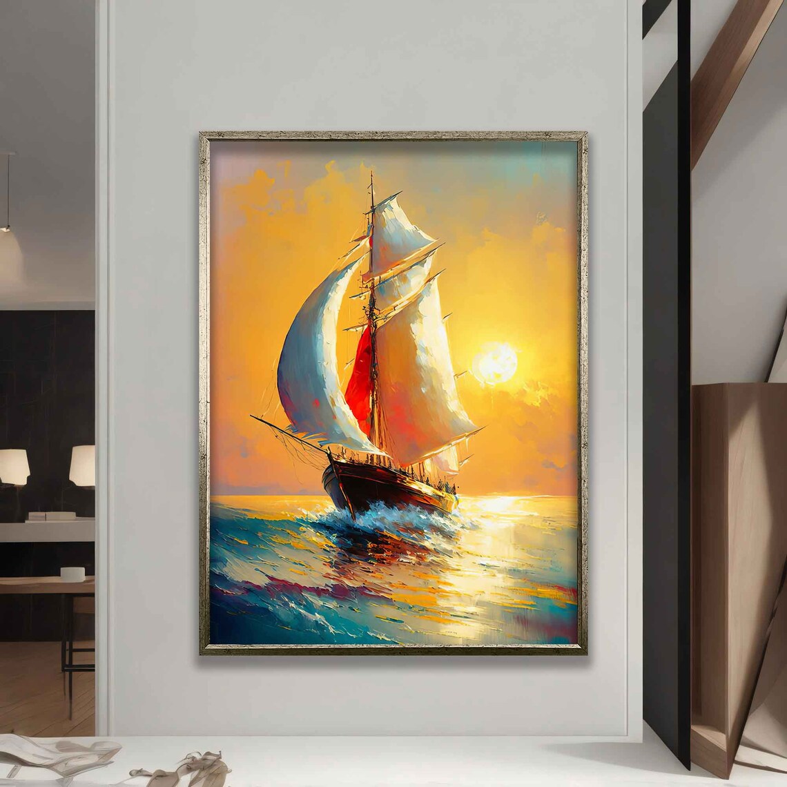 Sailboat at Golden Sunset Sparkling Sea Sails Adventure Travel Poster - Image 5