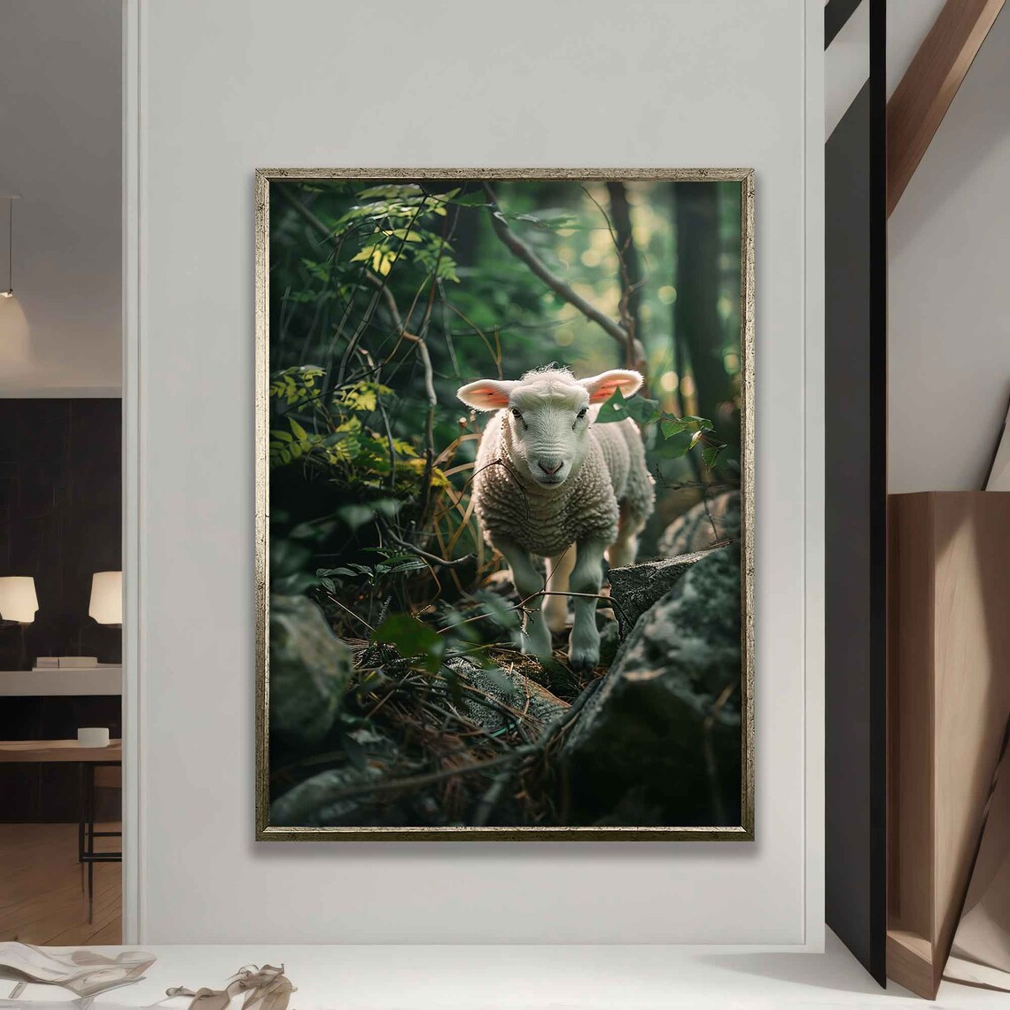 Lamb Of God Sunlit Forest Rocky Path Christian Faith Wall Art Print - Image 5