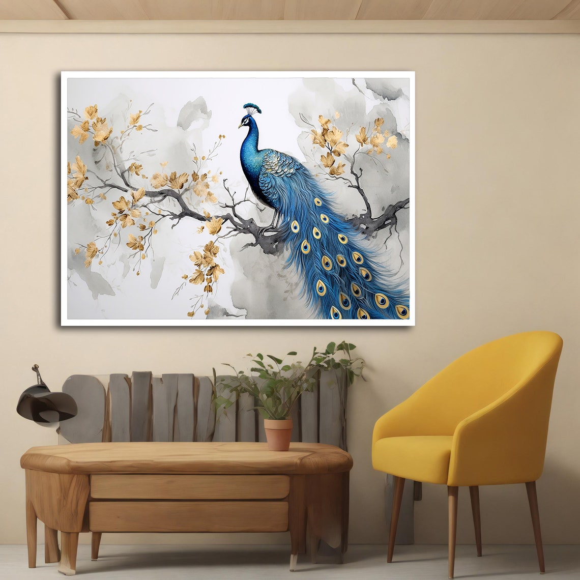 Blue Peacock Perched Flowering Branch Gold Blossoms Watercolor Poster - Image 4