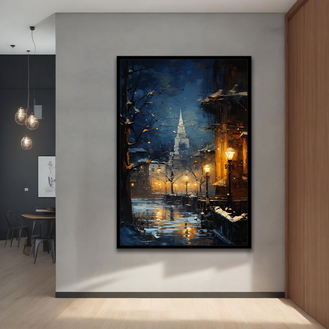 Winter Night Old Town Church Spire Lamp Glow Snowy Street Art Poster