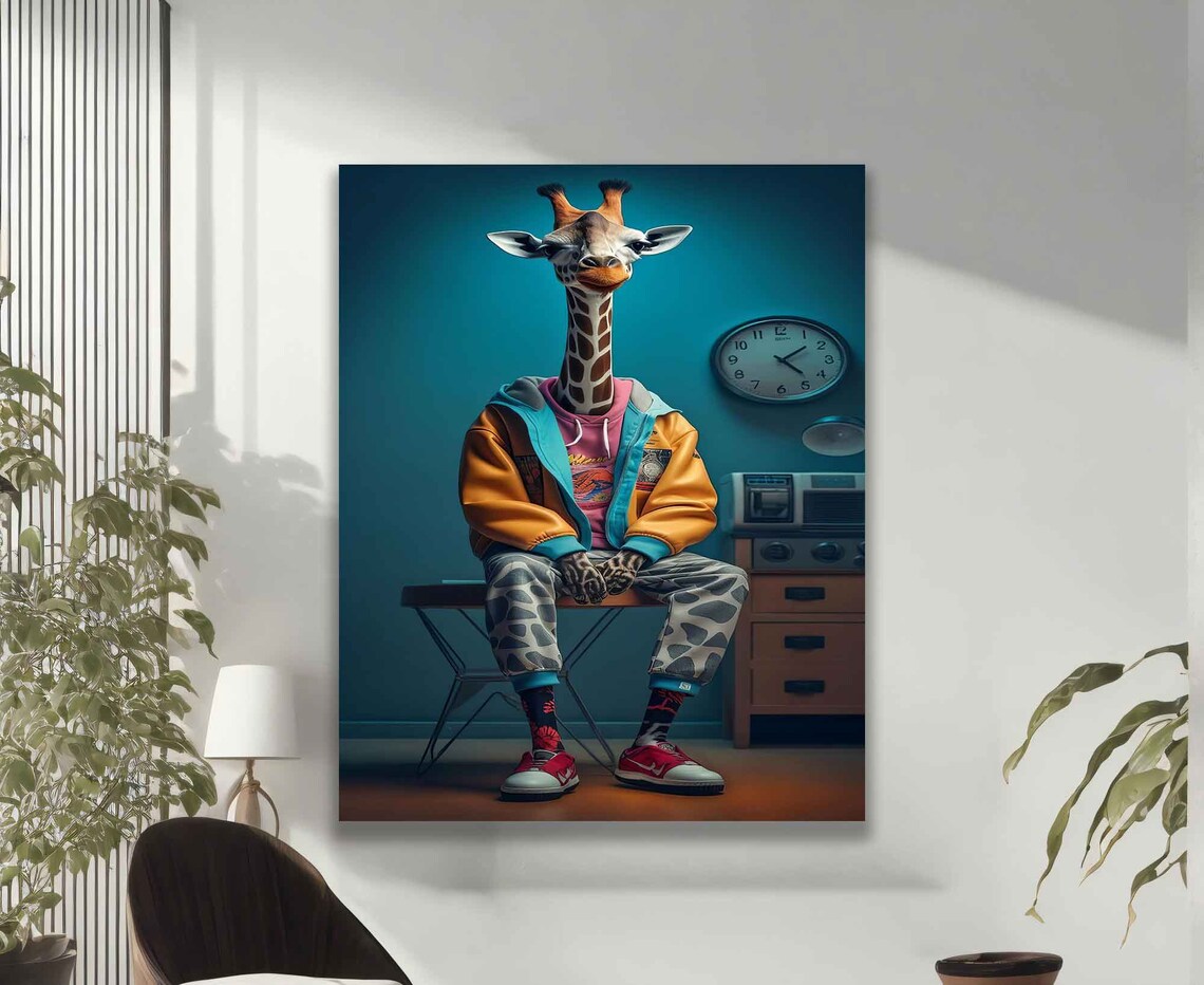 Funny Giraffe Hip Hop Outfit Streetwear Retro Room Colorful Animal Wall Art - Image 2