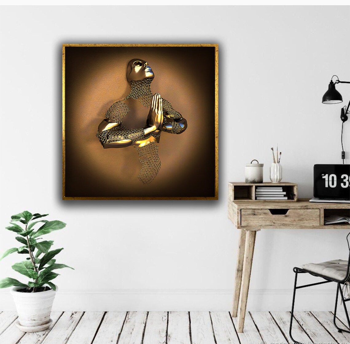 Golden Praying Figure Folded Hands Bronze Spiritual Meditation Decor Wall Art - Image 2