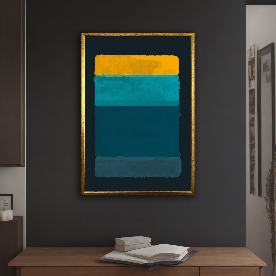 Golden Yellow Turquoise Teal Horizontal Bands Abstract Art Poster - Image 5