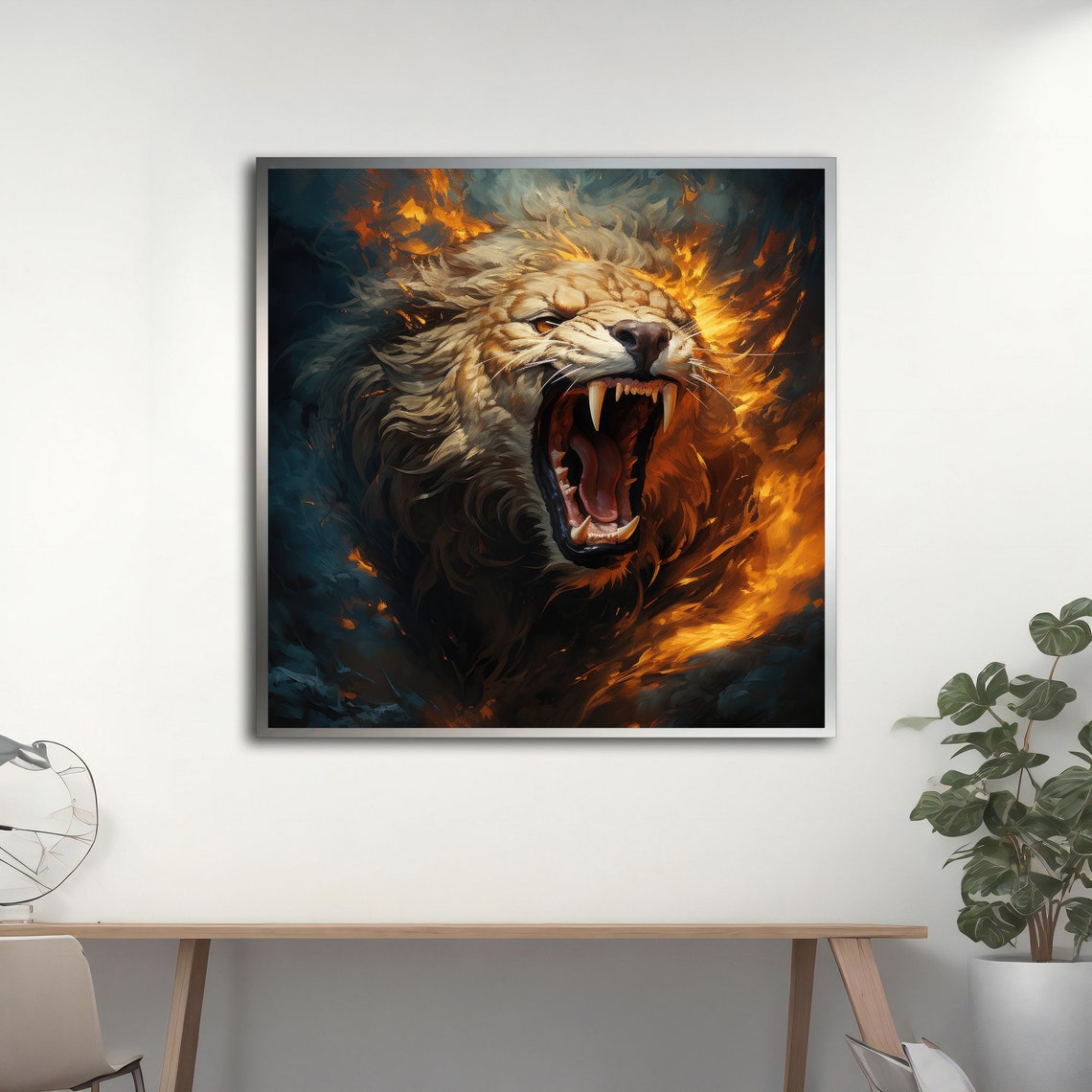 Roaring Lion Head In Flames Fiery Mane Dark Smoke Animal Art Poster - Image 5