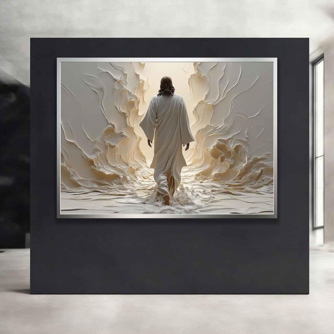 Jesus Walking Through Parted Sea Cream White Ethereal Painting Poster - Image 4