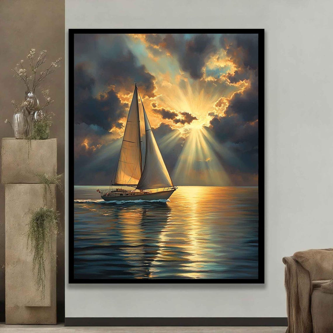 Sailboat Sailing Into Golden Sunrise Sunbeams Breaking Clouds Poster - Image 5