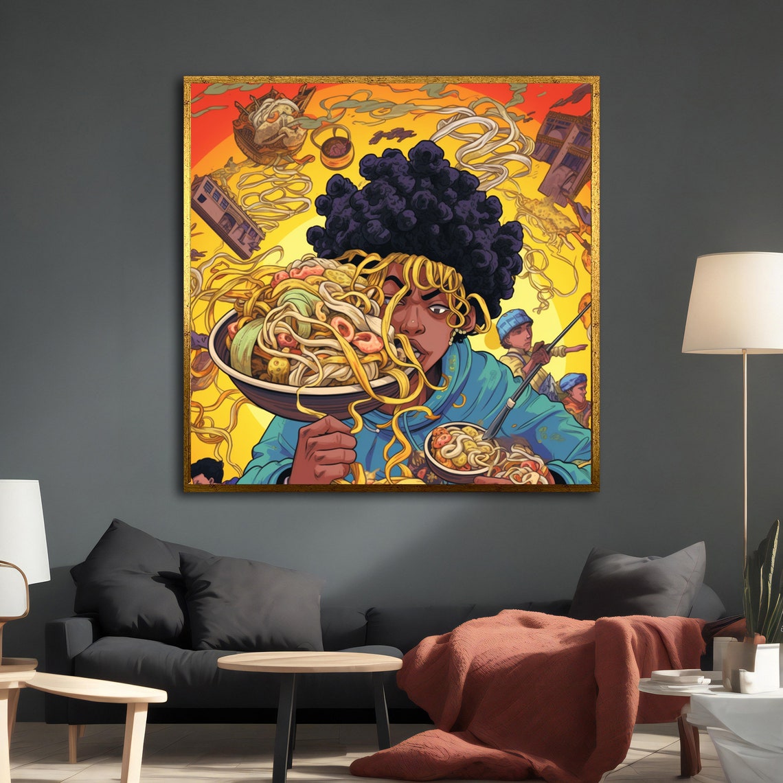 Woman With Big Afro Eating Noodle Bowl Psychedelic Orange Art Poster - Image 2
