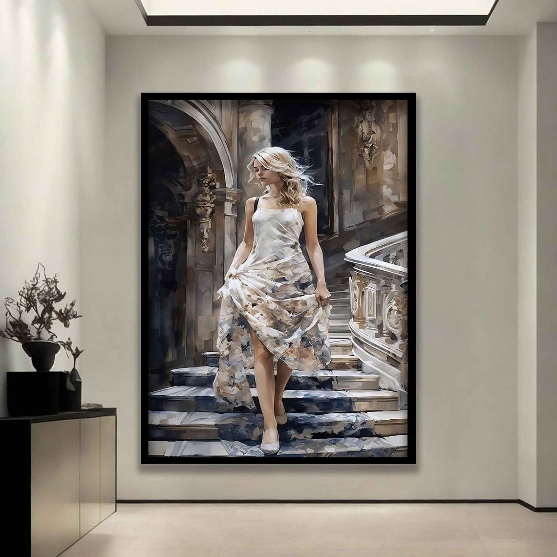Blonde Woman in White Dress Descending Grand Staircase Art Poster - Image 3