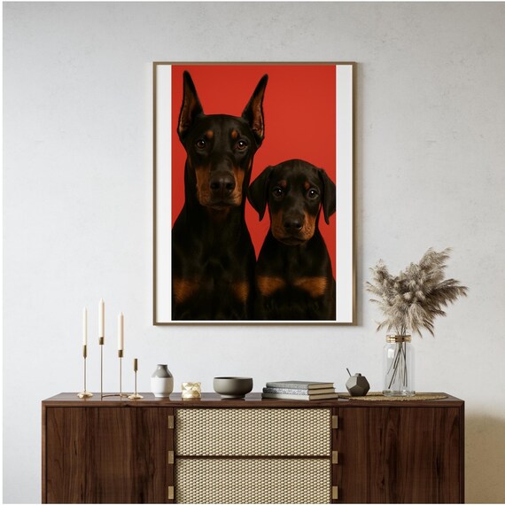 Doberman Adult and Puppy Duo Bold Red Studio Portrait Dog Poster