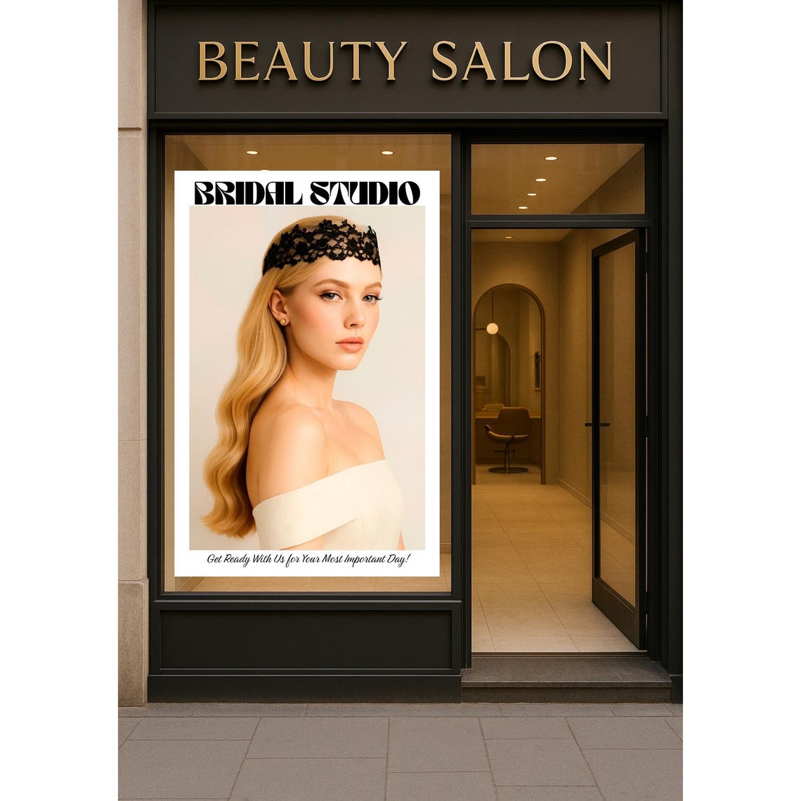 Bridal Studio Advertising Window Poster with Blonde Bride Photo