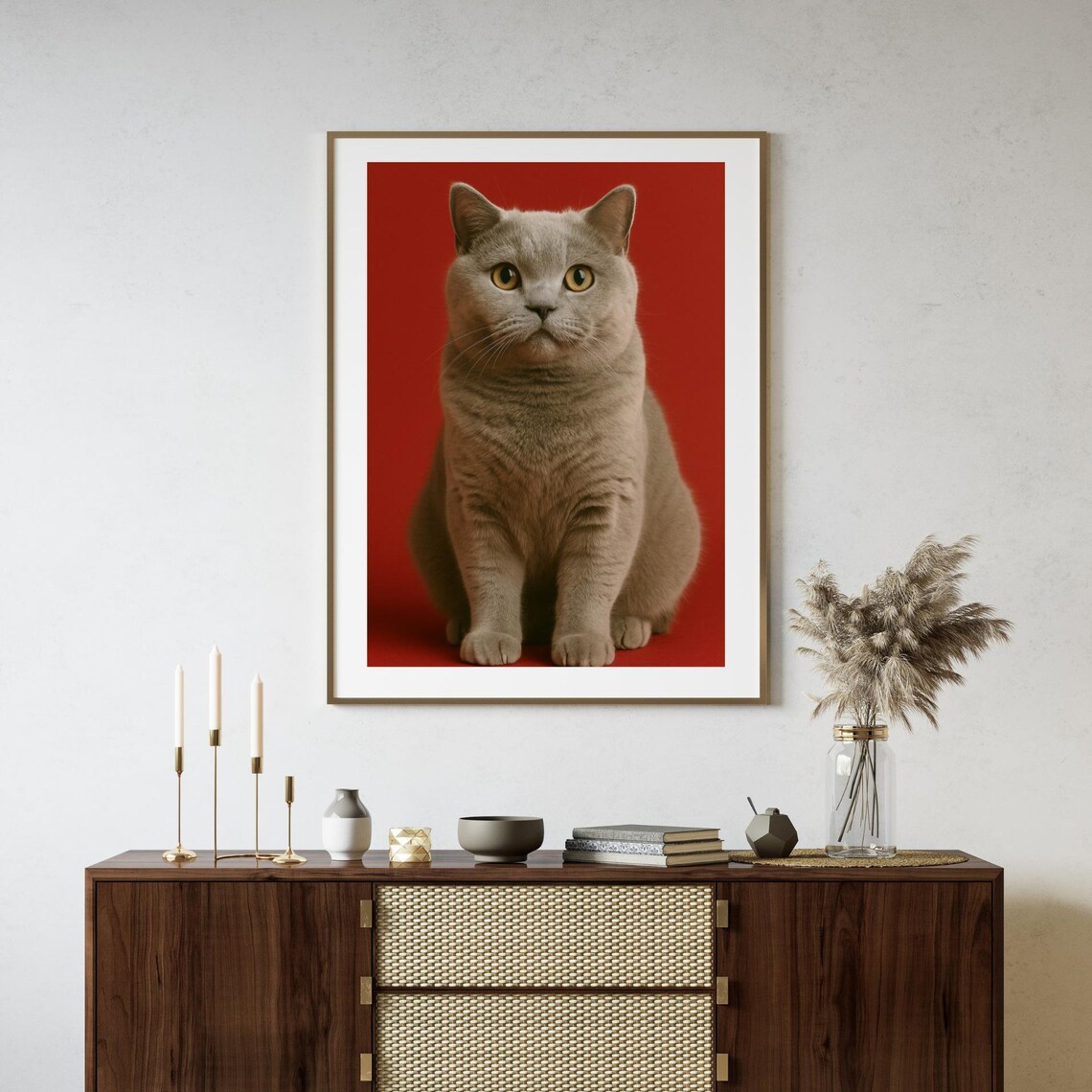 British Shorthair Grey Cat Red Background Regal Pet Portrait Animal Poster