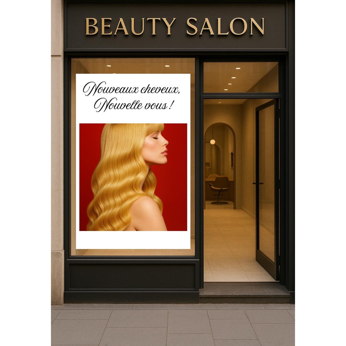 Nouveaux Cheveux Salon Window Poster Blonde Waves Red Background