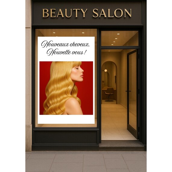 Nouveaux Cheveux Salon Window Poster Blonde Waves Red Background