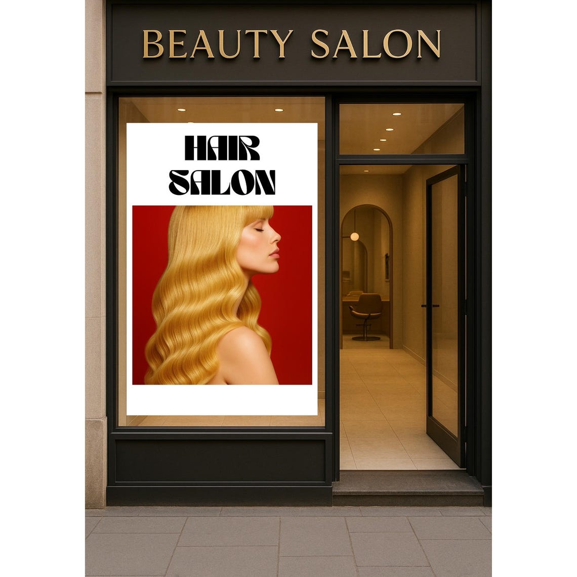 Hair Salon Blonde Beauty Window Poster Red Background Retro Style