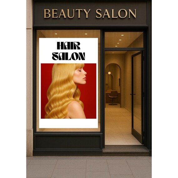 Hair Salon Blonde Beauty Window Poster Red Background Retro Style