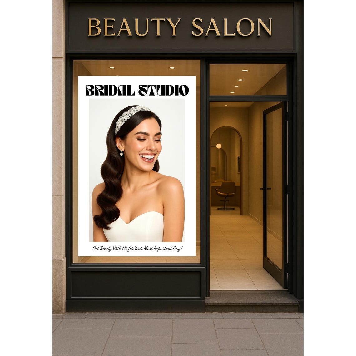 Bridal Studio Smiling Bride Beauty Salon Window Advertising Poster