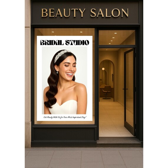 Bridal Studio Smiling Bride Beauty Salon Window Advertising Poster