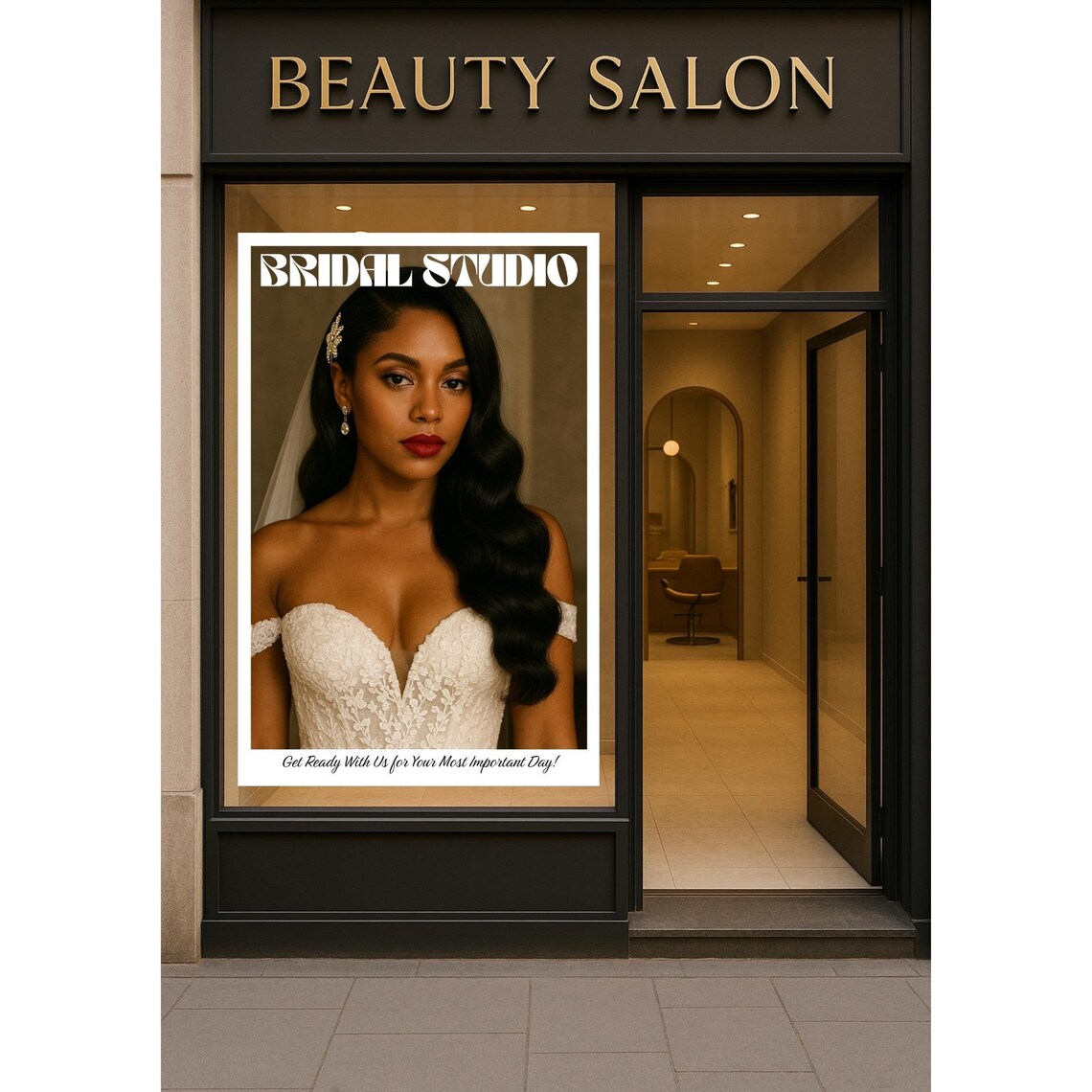 Bridal Studio Advertising Poster with Bride in White Lace Gown