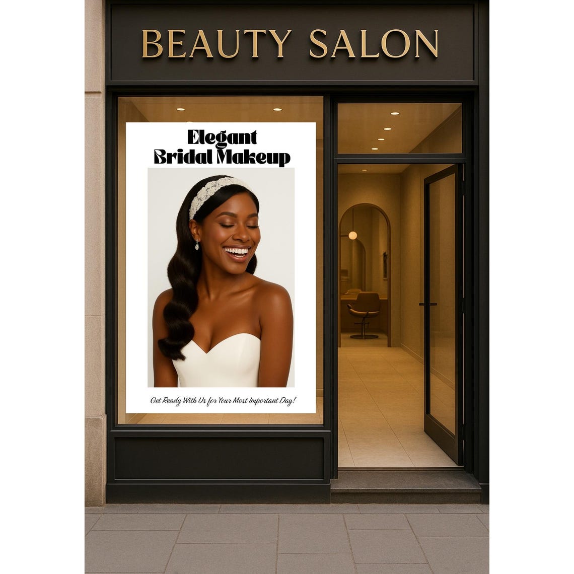 Elegant Bridal Makeup Beauty Salon Window Poster Smiling Bride