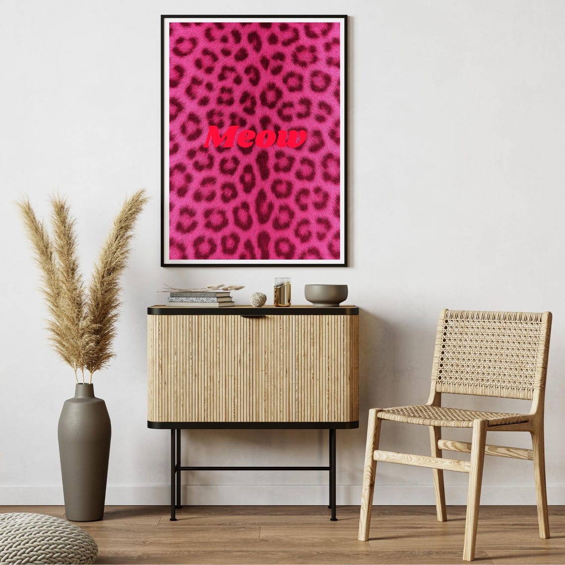 Meow Pink Leopard Poster Cat Quote Red Script Glam Sassy Wall Decor