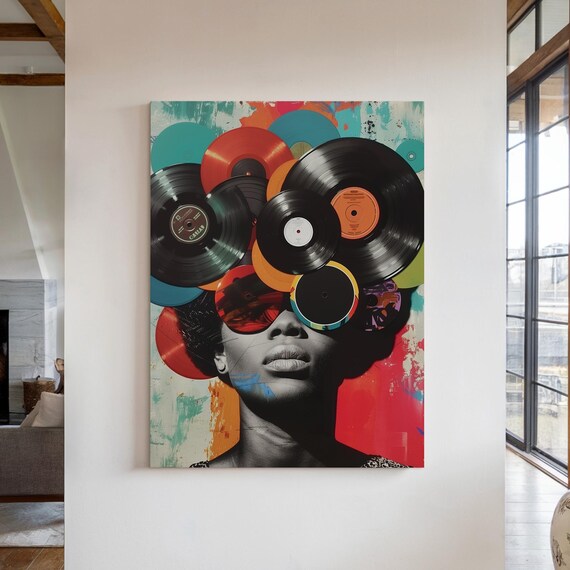 Vinyl Records Print Vintage Collage Wall Art African Woman Pop Art Wall Decor Retro Techno Funk House Music Lover Dj Matte