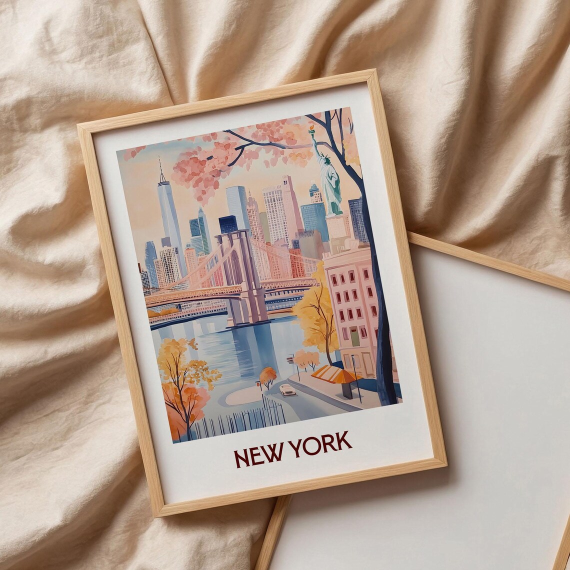 New York Brooklyn Bridge Statue Of Liberty Blossom Watercolor Travel Poster - Image 3