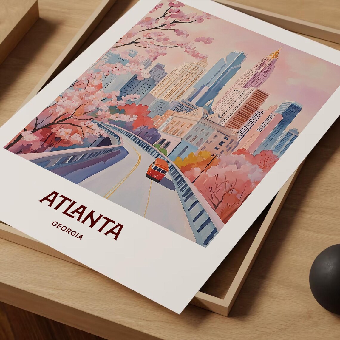 Atlanta Georgia Skyline Cherry Blossoms Bridge Watercolor Travel Poster - Image 2