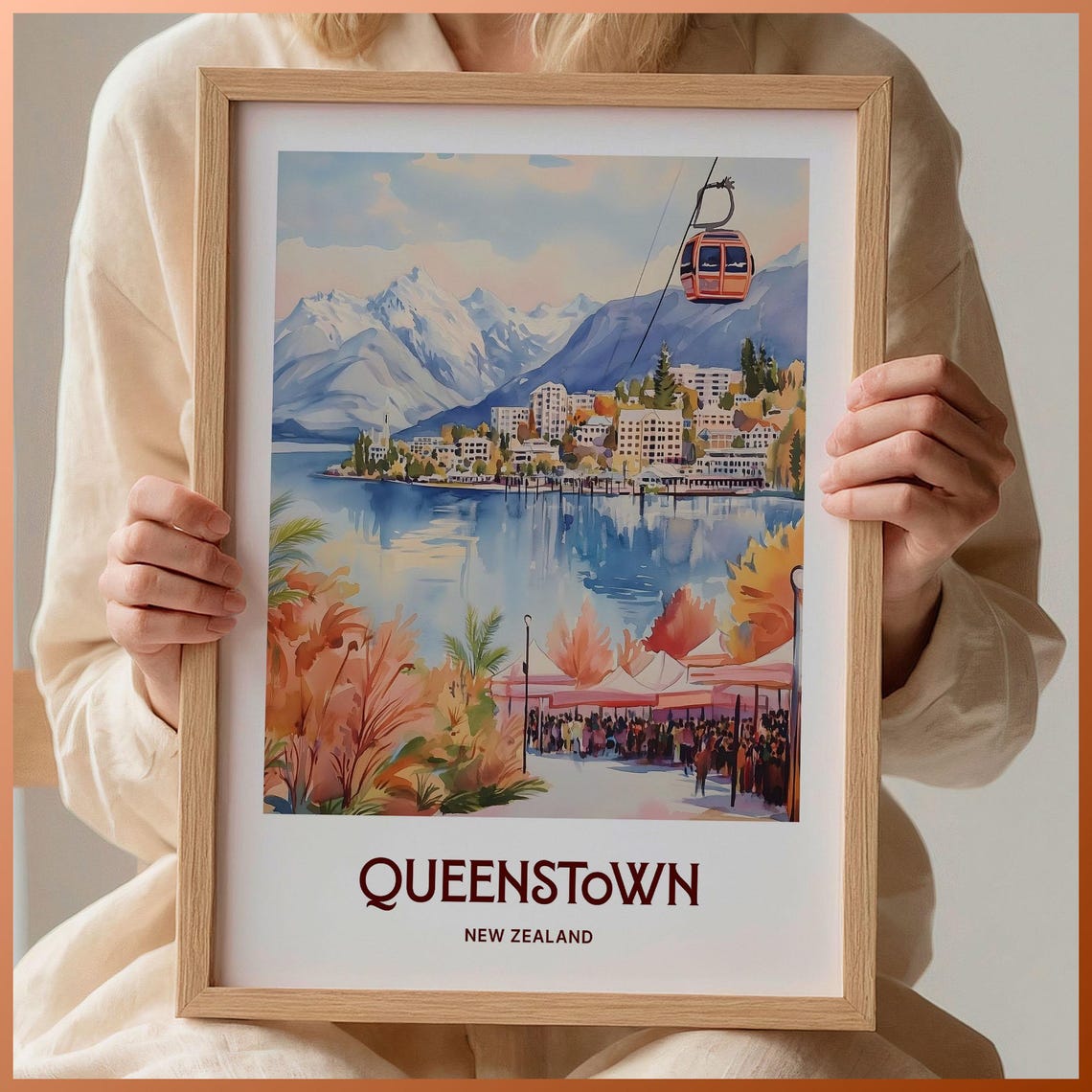 Queenstown Travel Poster New Zealand Wall Art Minimalist Coastal Art Retro Travel Print Pastel Cityscape Decor C35 716