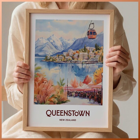 Queenstown New Zealand Watercolor Lake Gondola Mountains Town View Poster