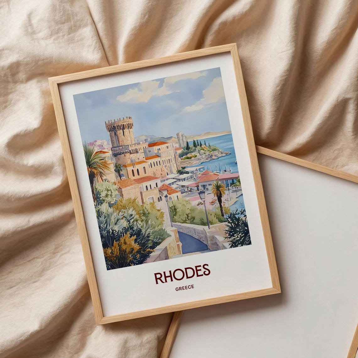 Rhodes Greece Old Town Harbor Medieval Castle Tower Pastel Poster - Image 3