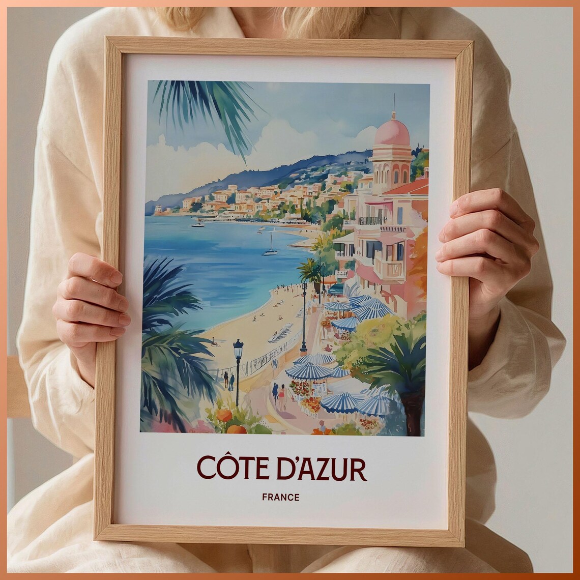 Cote d'Azur France Watercolor Riviera Beach Promenade Poster