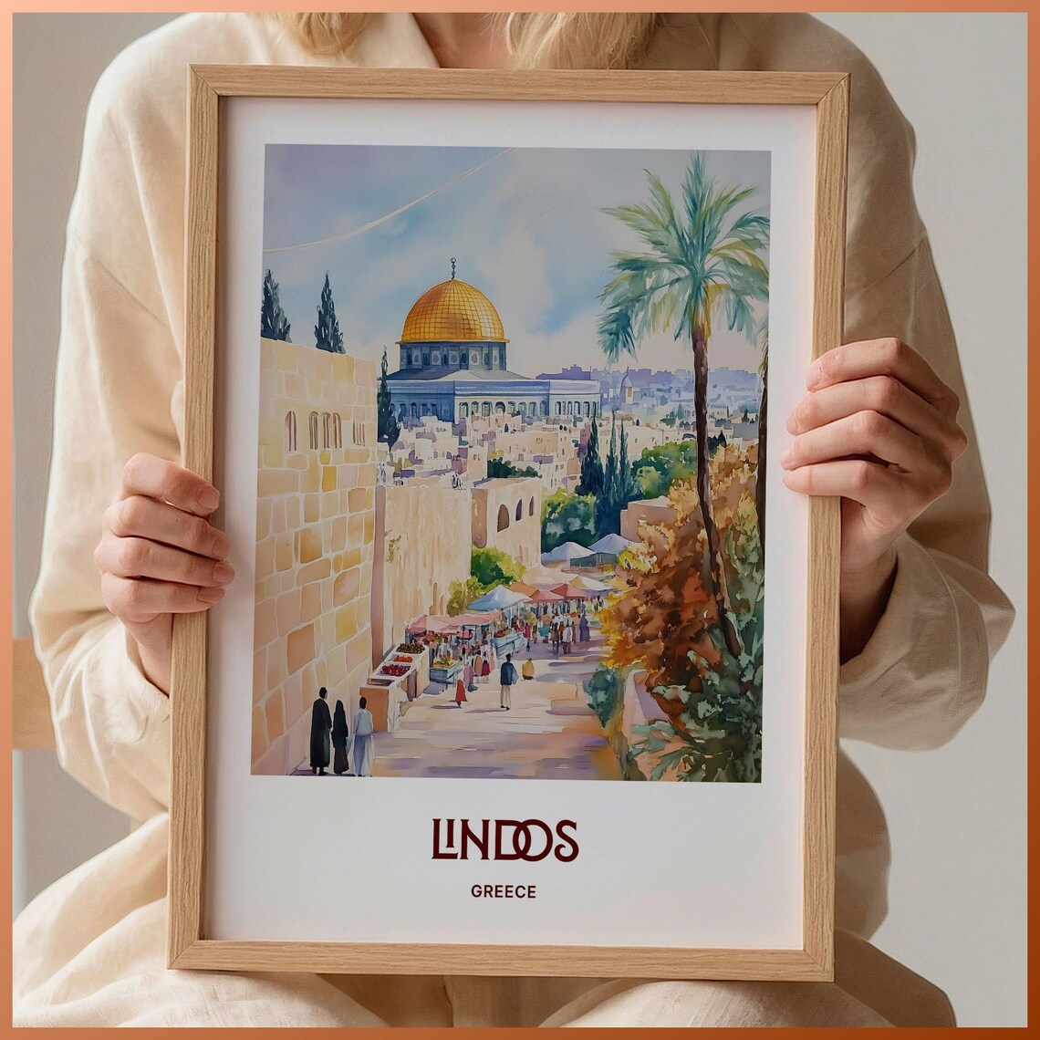 Lindos Greece Golden Dome Old Town Market Street Watercolor Poster