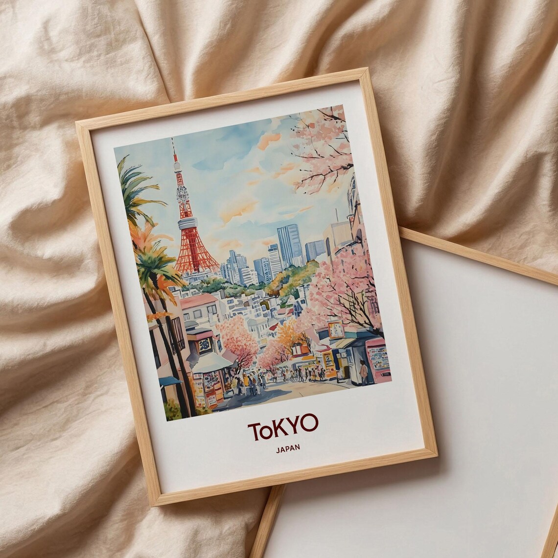 Tokyo Japan Tower Cherry Blossom Street Watercolor Travel Poster - Image 3