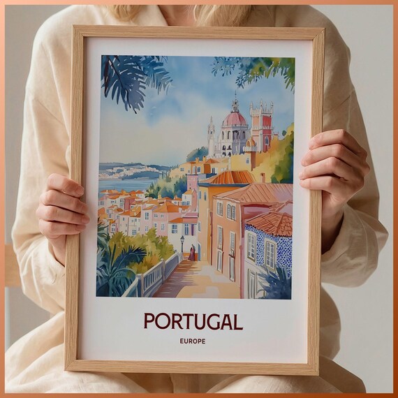 Portugal Coastal Town Waterfront Church Tile Facades Watercolor Travel Poster