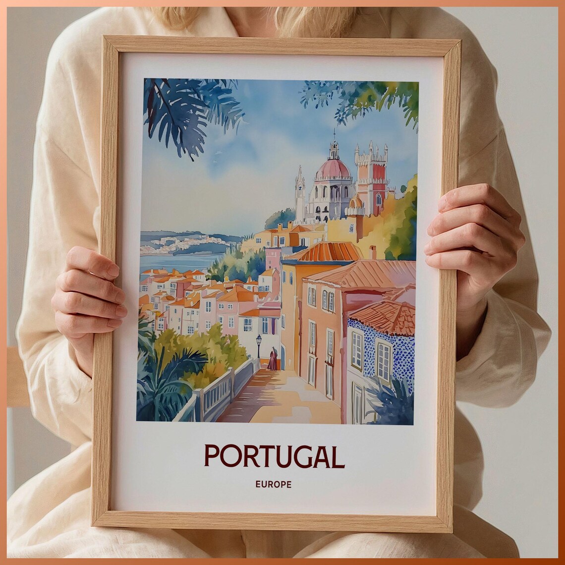 Portugal Coastal Town Waterfront Church Tile Facades Watercolor Travel Poster