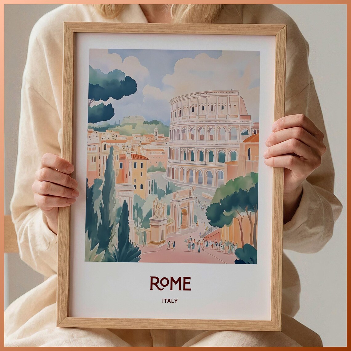 Rome Italy Colosseum Ancient Street Scene Watercolor Travel Poster