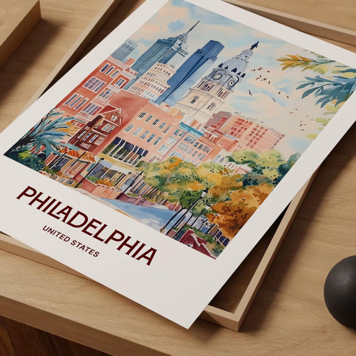Philadelphia Skyline City Hall Tower Watercolor Travel Poster USA - Image 2