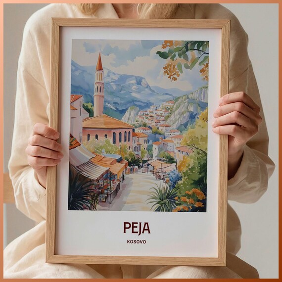 Peja Kosovo Mosque Minaret Mountain Town Market Watercolor Travel Poster