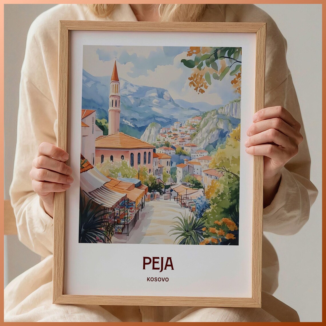 Peja Kosovo Mosque Minaret Mountain Town Market Watercolor Travel Poster