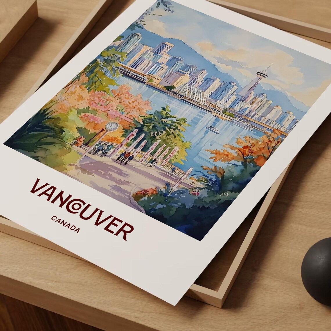 Vancouver Canada Skyline Tower Harbor Watercolor Travel Poster - Image 2