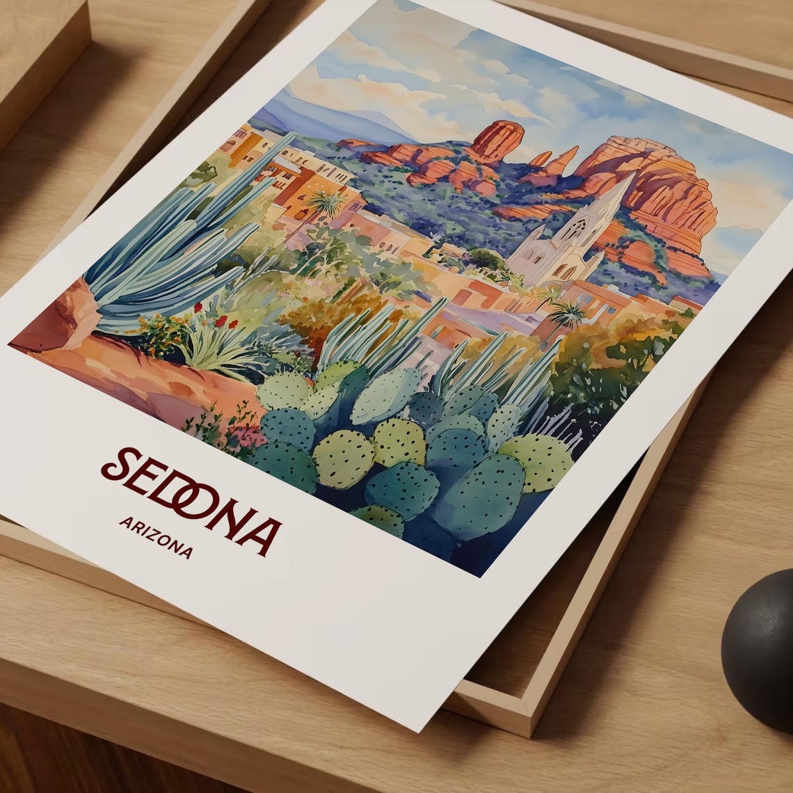 Sedona Arizona Red Rock Chapel Watercolor Poster Desert Cacti - Image 2