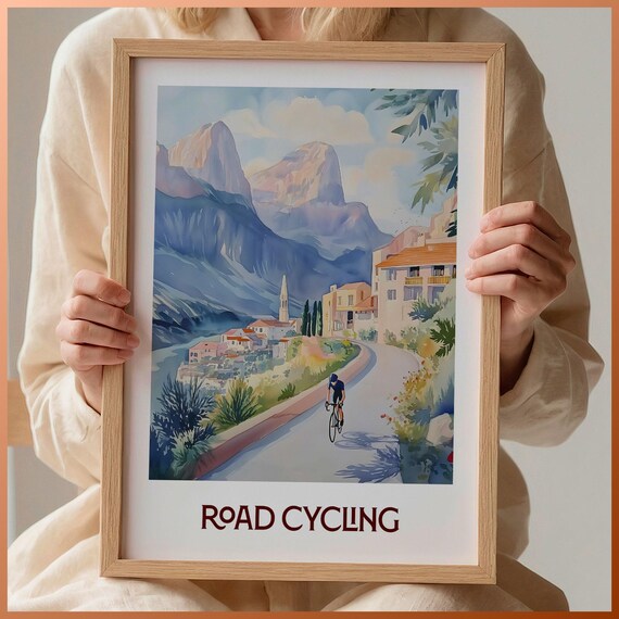 Road Cycling Alpine Mountain Village Watercolor Sport Art Poster